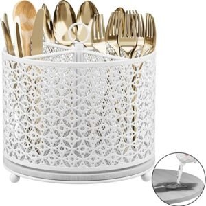 360° Rotating Kitchen Utensil Holder - Fast-Drying Utensils Caddy - 4 Compartment Flatware Silverware Organize High Raised Cutlery Holder with Handle for Kitchen Countertop Party Picnic Table Whiter